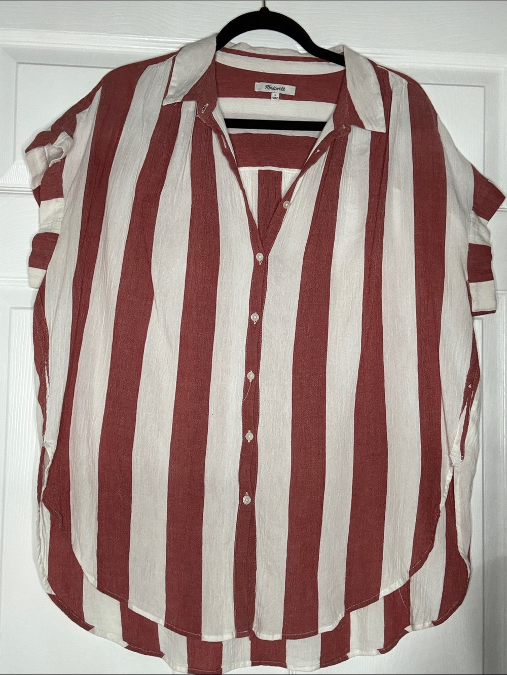 Madewell Red and White Vertical Stripe Button-Down Shirt